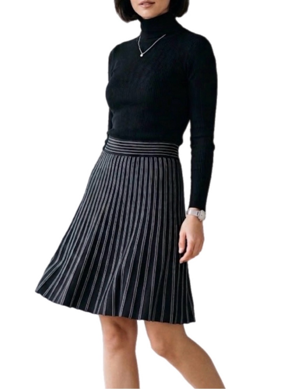 L Max Studio Women’s A Line Black Midi Skirt with White Pinstripes Formal Winter